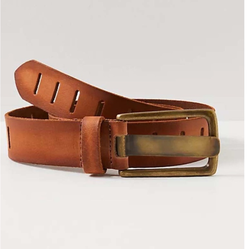 Free People “We The Free Jona Belt”-Brown Leather Belt with Brass Buckle